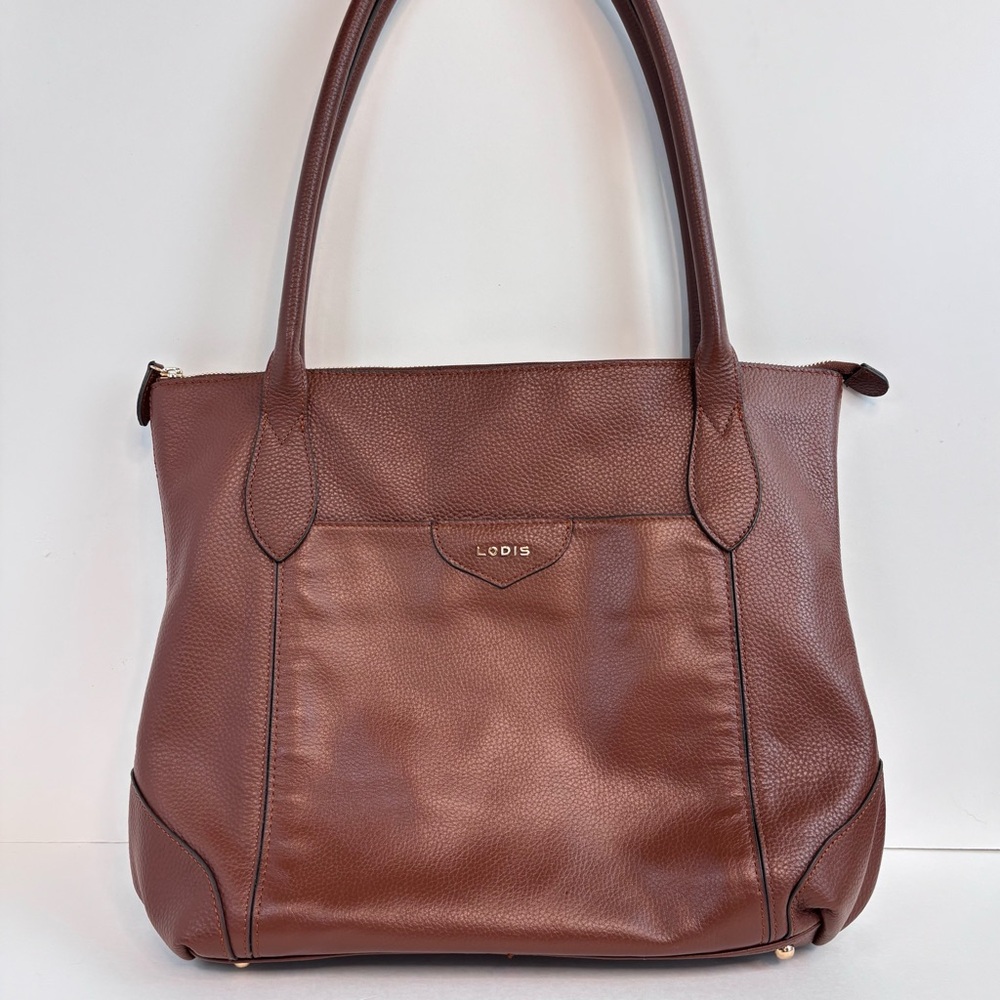 Lodis Chestnut Brown Large Pebbled Leather Classic Shoulder Bag Travel‎ Tote